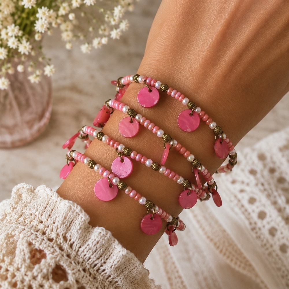 Y2K Pink Memory Wire Wrap Bracelet 5 Coil Boho Dangle Disc Charm Faux Pearl